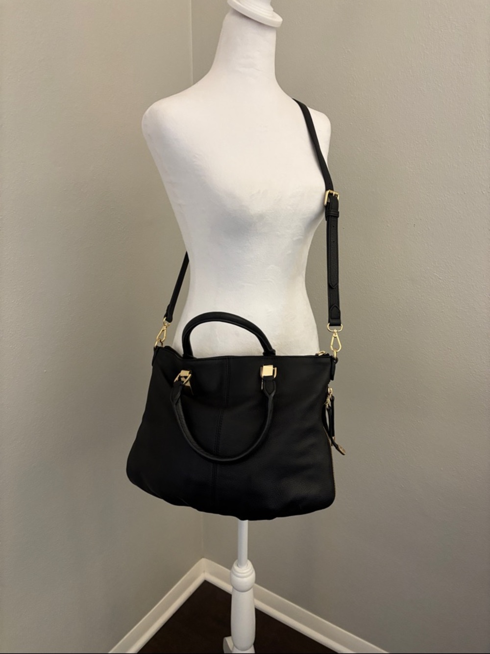 Vince Camuto Black Leather Satchel with Gold Hardware